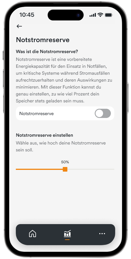 Handy-Display mit Energiemanagement App AMPERE.IQ zeigt die Funktion "Notstromreserve"