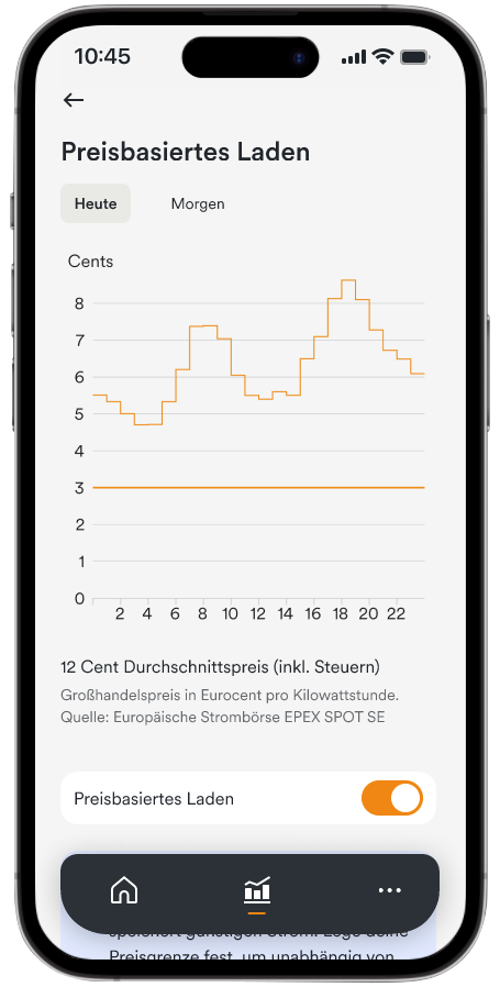 Handy-Display mit Energiemanagement App AMPERE.IQ zeigt die Funktion "Preisbasiertes Laden"